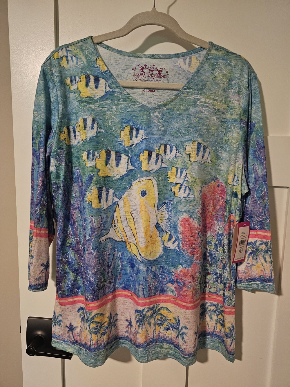 Island Reef Print V-Neck Top - Aqua Yellow